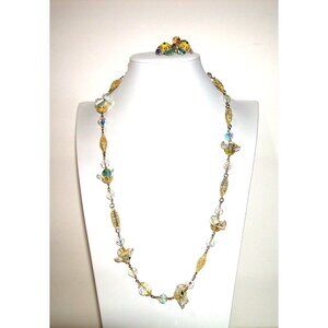 Vintage Aurora Borealis Crystal Necklace & Earrings Set With Gold Filigree Detai
